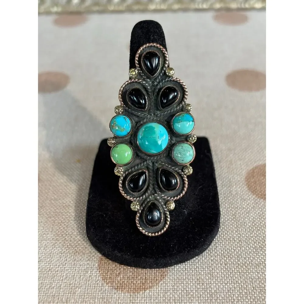 Turquoise & Black Onyx Multistone Copper Statement Ring adjustable 5-9